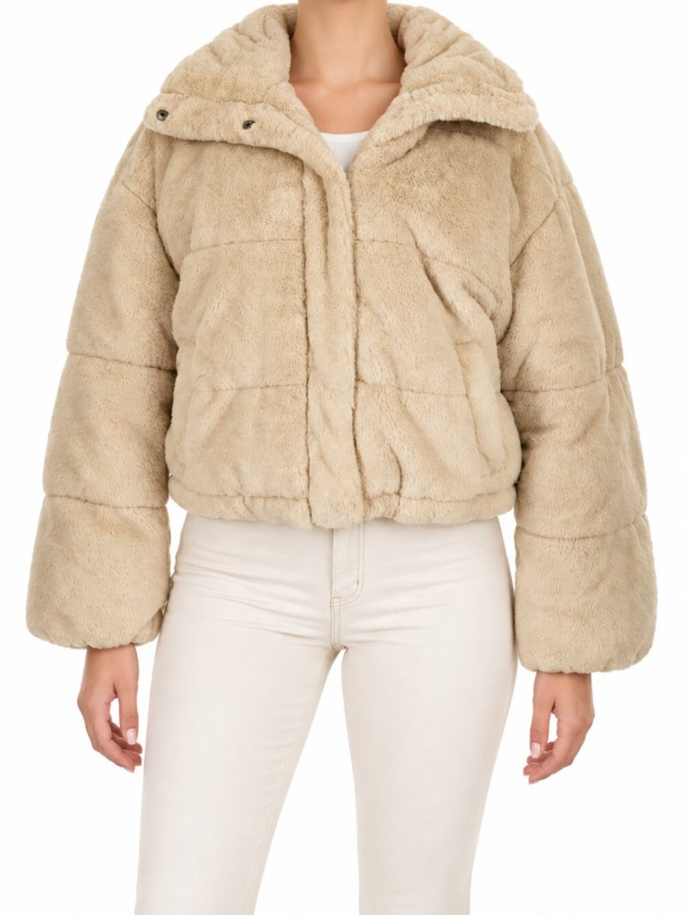 Arizona Jean Co. Women's Beige Faux Fur Hooded Cropped Jacket, XL - Picture 1 of 6